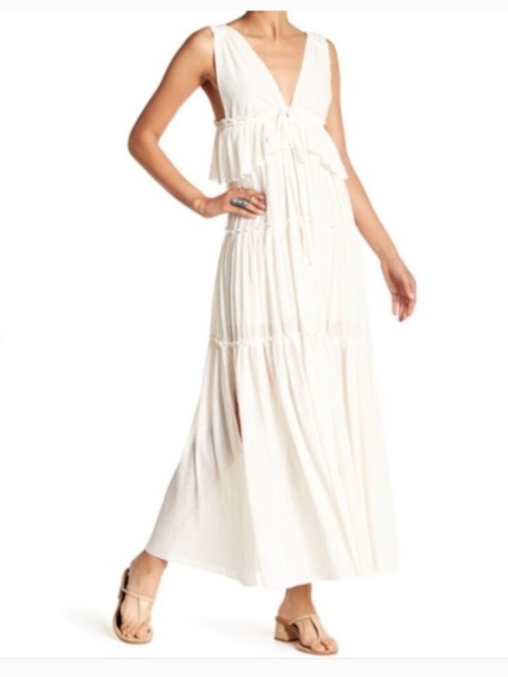 See by Chloé Cream V-Neck Tiered Maxi Dress with Tie Waist